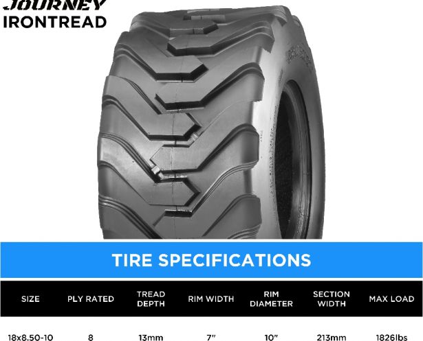 Tire - Journey IronTread Industrial, 18x8.50-10, 8 Ply, Tubeless - 40I1885J-1 - PBC3881EF1